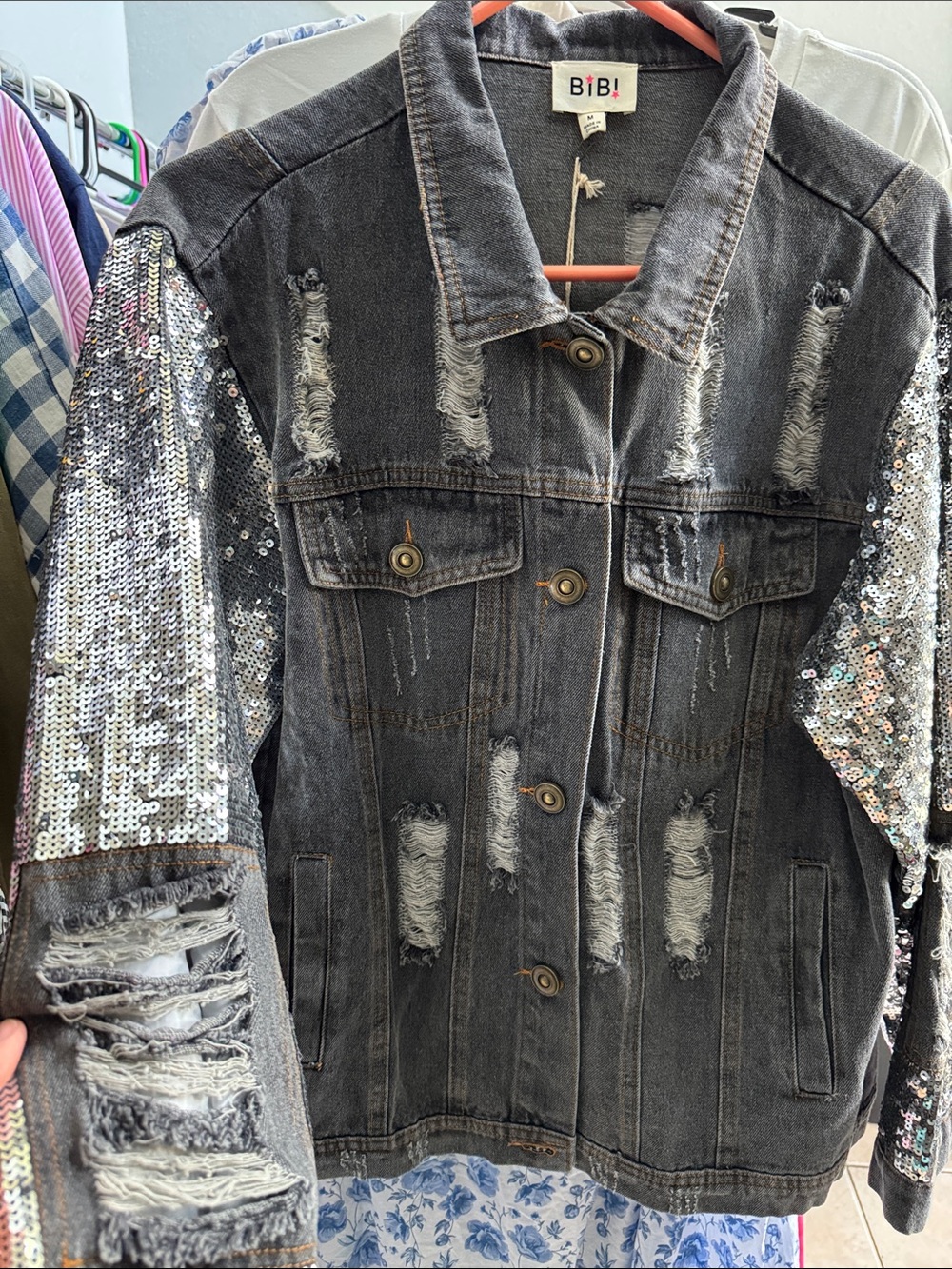 BIBI Black Denim Sequin Jacket With Destruction